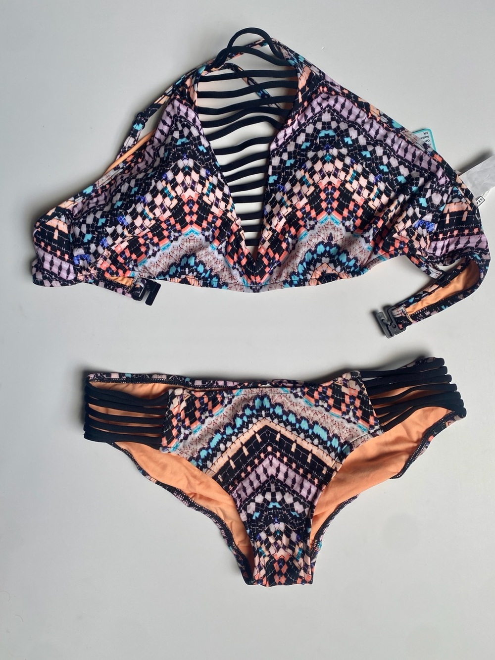 Printed Strappy Bikini Set - Coral, Black & Aqua